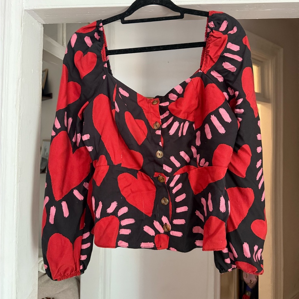 Farm rio side large Heart Patterned Women's Top - Red and Pink